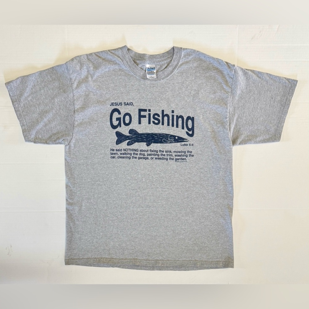 Vintage Jesus T-Shirt Mens XL Gray Religious Fishing Humor‎ Funny Luke 5:4 A3